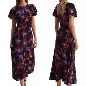 NWOT REISS Leni Floral Flutter Sleeve Midi Dress Black Size 2 thumbnail 3