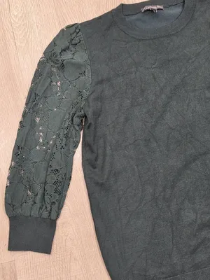 Adrianna Papell Lace Sleeve Knit Top Green Medium Elegant Crewneck thumbnail 2