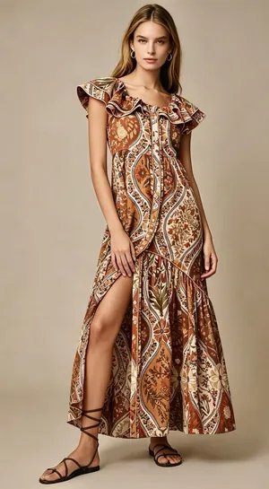 NWOT Farm Rio Romantic Nature Multicolor Ruffle Midi Dress Size XS thumbnail 1