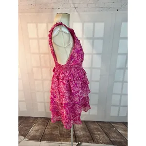Fate Pink White Paisley V-Neck Chic Ruffle Tiered Sleeveless Mini Dress Small thumbnail 4