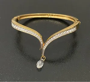 SWAROVSKI Vintage Signed Gold-tone Hinged V Bangle With Teardrop Crystal Charm thumbnail 11