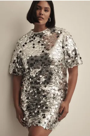Glamorous Short Sleeve Silver Sequin Shift Dress Anthropologie Size 1X NWT thumbnail 1