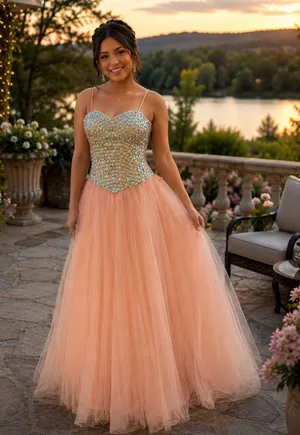 Peach Beaded Sweetheart Tulle Prom Dress thumbnail 1