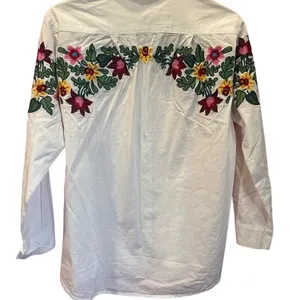 White Floral Embroidered Button Down Shirt Long Sleeve Boho‎ Cottagecore Blouse thumbnail 2