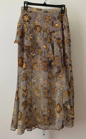 Dress Forum S Brown Floral Maxi Skirt Ruffle High Low Metallic Lurex Boho FS9947 thumbnail 1