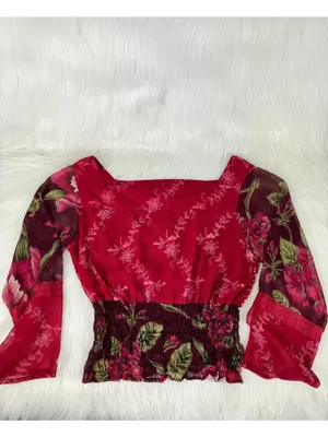 Passport Floral Smocked Elastic Waist Peasant Top Blouse Size L Burgundy thumbnail 11