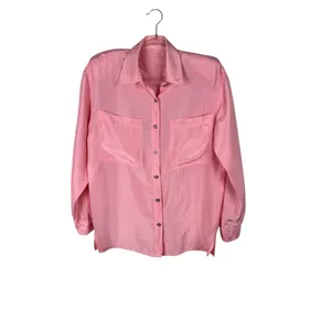 Vintage 100% Silk Blouse Button Down‎ Light Pink Sz Medium 90's Shoulder Pads thumbnail 3