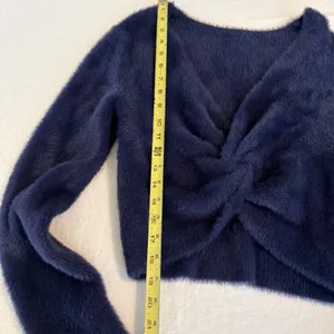Aerie Navy Blue Fuzzy‎ Twist Front V-Neck Cropped Sweater Large thumbnail 3