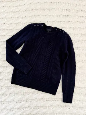 J. Crew Navy Cable-Knit Crewneck Sweater with Shoulder Buttons thumbnail 2