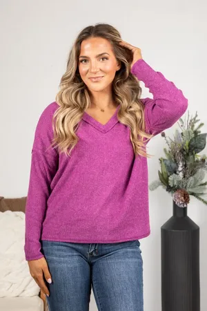 Zenana Outfitters V-Neck Ribbed Sweater in Fuchsia thumbnail 1