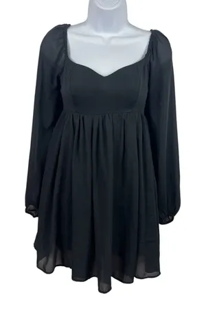 Abercrombie & Fitch Black Smocked Babydoll Mini Dress XS Sheer Sleeve Coquette thumbnail 1