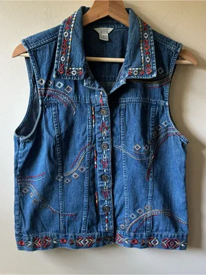 Christopher & Banks 2006 Embroidered Denim Sleeveless Button-Front Vest thumbnail 1