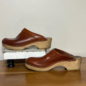 Vollsjo Swedish Clogs Womens 39 Brown Leather Wooden Platform Mules Sweden thumbnail 2