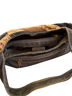 Denim Blues Boho Denim Patchwork Purse/Bag/Corduroy Floral Zip Top 12X7 Hobo thumbnail 5