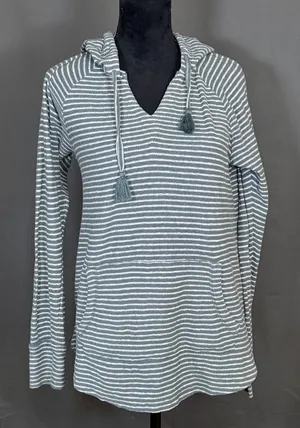 Roxy Women’s Gray & White Stripe Hoodie Pullover Medium V-Neck Kangaroo Pocket thumbnail 1