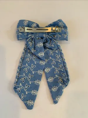 Blue and White Eyelet Embroidered Long Tails Bow French Barrette Hair Clip thumbnail 4