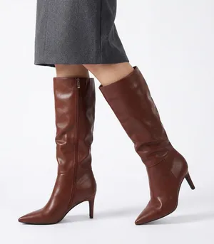 Brown Faux Leather Pointed Toe Stiletto Knee High Boots Size 8.5 thumbnail 1
