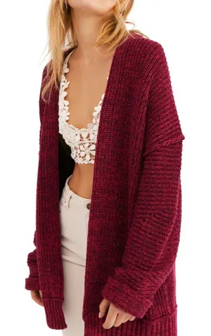 Free People Wine Red Open-Front Chunky Knit Cardigan thumbnail 1