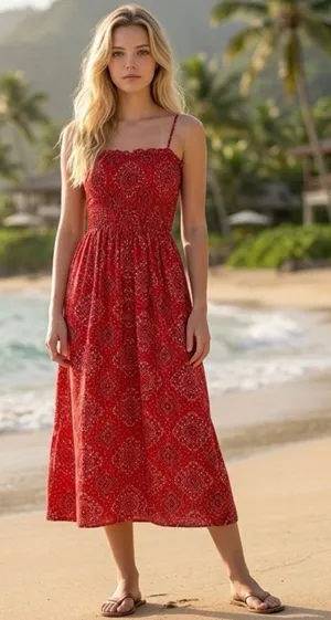 Women's Handkerchief Print Smocked Red Maxi Dress Size S/M thumbnail 1