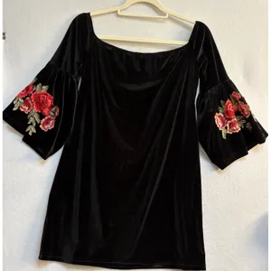Pretty Angel Black Velvet Off The Shoulder Mini Dress Floral Embroidered Bell Sleeve Shift thumbnail 4