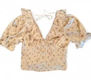 Free People Small Crop Short Sleeve V-Neck corset Ruffle Bow Cottage Coquette thumbnail 1