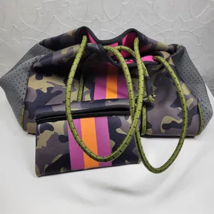 Haute Shore Camo Neoprene Tote Bag Pink Orange Stripe w/ Cosmetic Bag Gym Beach thumbnail 7
