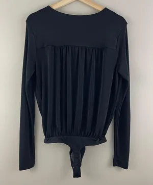 Free People Black Plunging V Neck Faux Wrap Long Sleeve Turnt Bodysuit NEW thumbnail 8