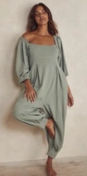Free People Lotta Love Romper XS Sage Green Puff Sleeve Pleated Reversible Boho thumbnail 1