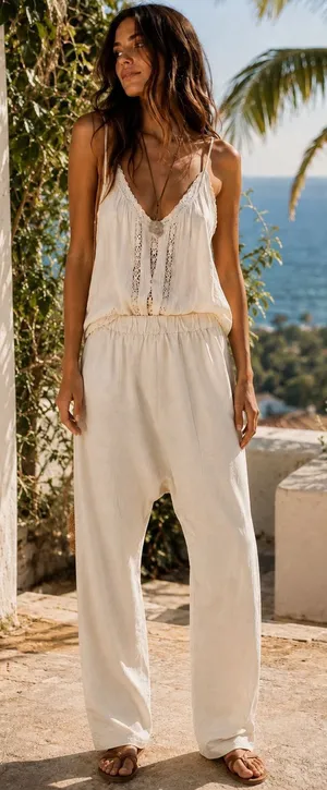 Zara Beige Slouchy Pull On Cotton Flowy Baggy Harem Drop Crotch Lounge Pants S thumbnail 1