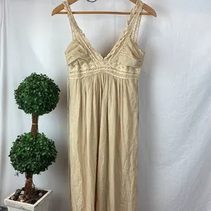 Tan Cotton Crochet Lace Trim Long Sleeveless Maxi Dress M thumbnail 6