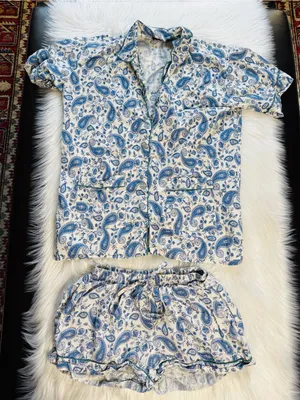 Kalami Rumi Blue and White Paisley Print PJ Shorts Set thumbnail 1