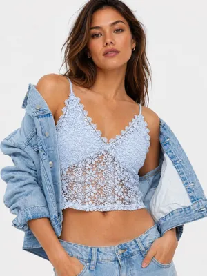 H&M Baby Blue Floral Lace Crochet Crop Cami‎ Top Women's S thumbnail 1