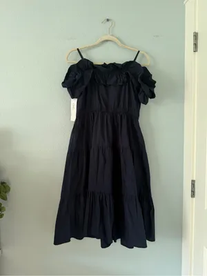 London Times Navy Off-Shoulder Tiered Midi Dress thumbnail 3