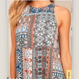 Lulus Design‎ Major Grey Blue Floral Boho Print Sleeveless Swing Dress LARGE thumbnail 3