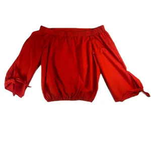 Free People Red Off the Shoulder Blouse Split Tie Cuff Top Womens Large thumbnail 2