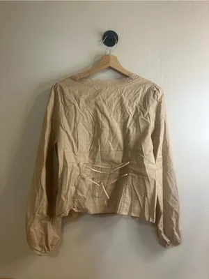 Shein Lace-Trim Cotton Khaki Blouse - Elegant Square Neck Top Large NWT thumbnail 5