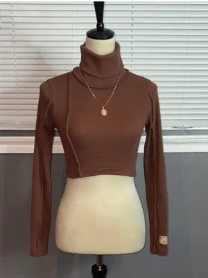 PrettyLittleThing Brown Ribbed Exposed Seam Cropped Turtleneck Top US 2 thumbnail 2