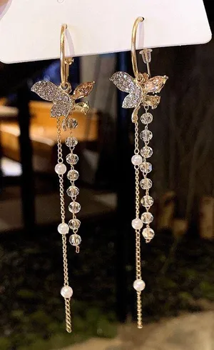 Gold Butterfly Crystal Pearl Long Tassel Dangle Drop Earrings for Women thumbnail 3