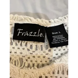 Frazzle Womens White Crochet Open Knit Scoop Neck Button Tab Sleeve Sweater L thumbnail 6