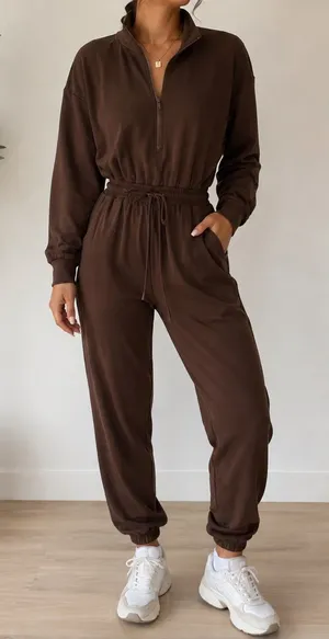 Francesca’s Small Brown Half Zip Jumpsuit Jogger Lounge Utility Romper thumbnail 1