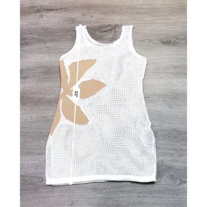 Women's Size Small Ivory Crochet Knit Mini Dress Beige Leaf Beach Cover Up thumbnail 6