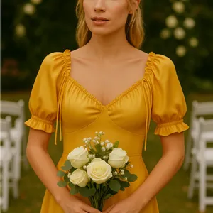 👗🌺Anthropologie Yellow Midi Dress M 6 8 Boho Cottagecore Puff Sleeve Ruffle Trim thumbnail 3