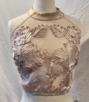 Floral Satin Ribbon & Mesh Embroidered 3D Sheer Sleeveless Tank Top Crop Top thumbnail 1