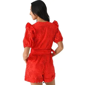 NEW Farm Rio Eyelet Beaded Belt Romper Red Short Sleve Broderie anglaise cotton thumbnail 3