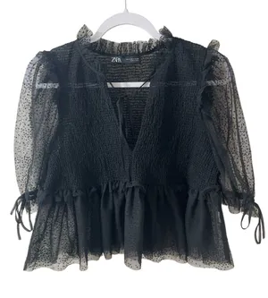 ZARA Black Dotted Sheer Smocked Puff Sleeve Layering Babydoll Blouse thumbnail 1