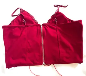 Red Lace Corset Crop Top – Zipper Back, Faux Leather Tie thumbnail 6