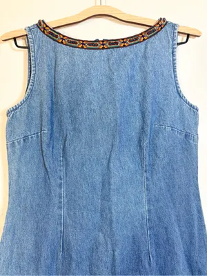 Vintage Denim Embroidered Beaded Trim Dress Size 8 thumbnail 4