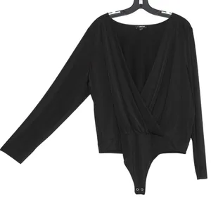 Express Bodysuit Faux Wrap Goth Romantic Grunge Minimalist‎ Long Sleeve Black XL thumbnail 2