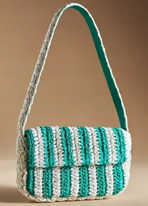 NWOT Anthropologie STRIPED RAFFIA SHOULDER BAG IN Green Small Size thumbnail 1