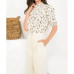THML Cream Tan Brown Feather Not In My Cap Ruched Half Sleeve Blouse Medium thumbnail 7